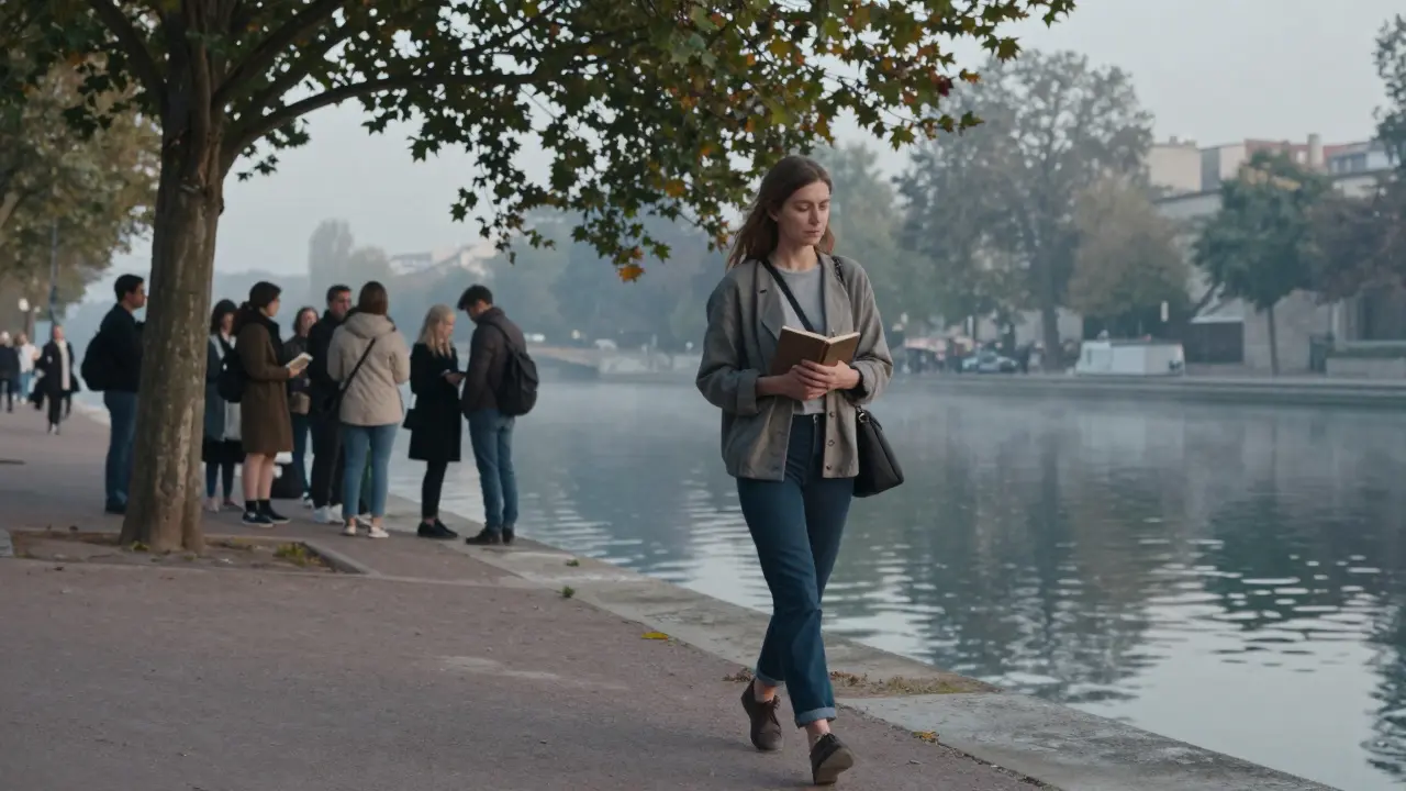 A woman walking alone along the Canal Saint-Martin at sunrise, holding a book, peaceful morning light reflecting on the water.
