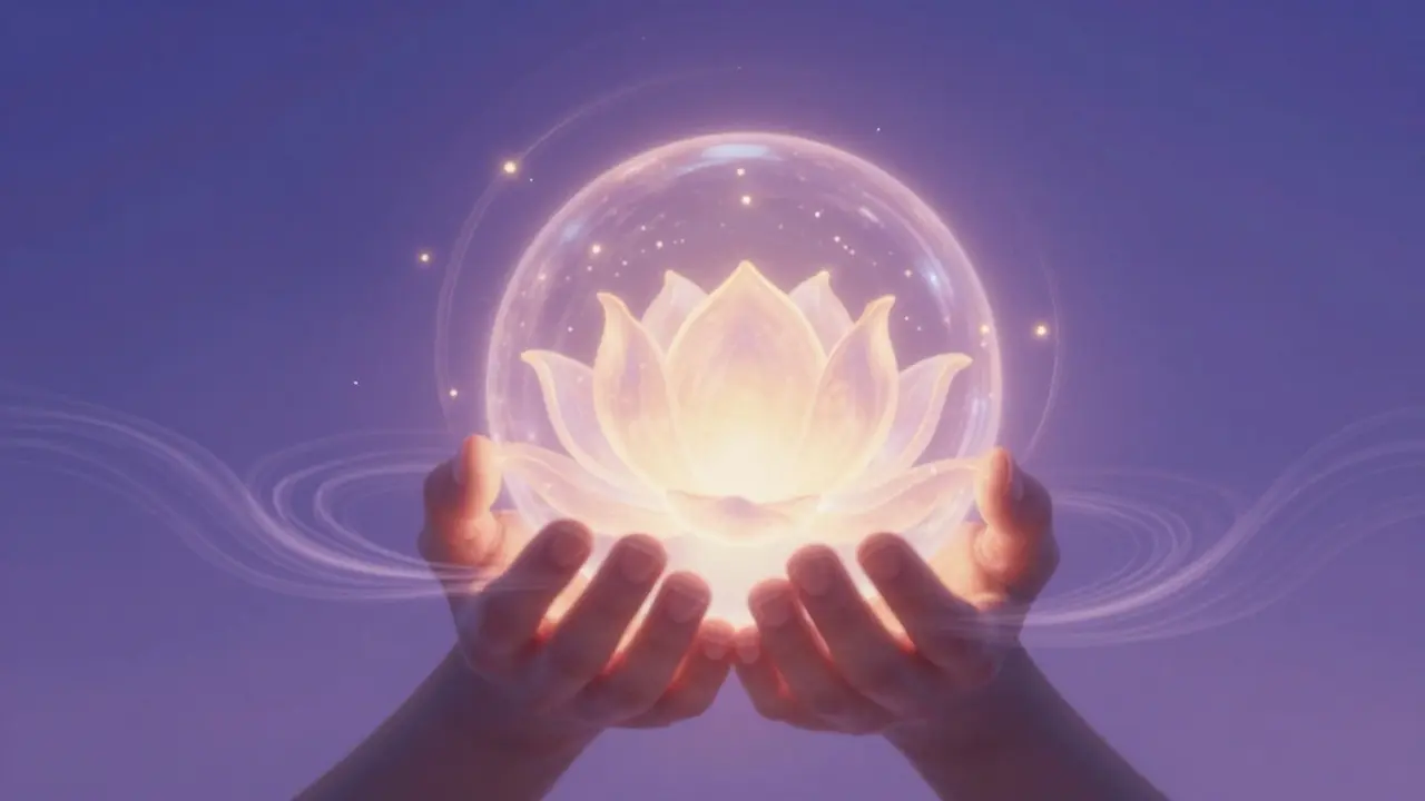 Abstract glowing lotus orb cradled by hands, symbolizing the release of stored tension and emotional healing.