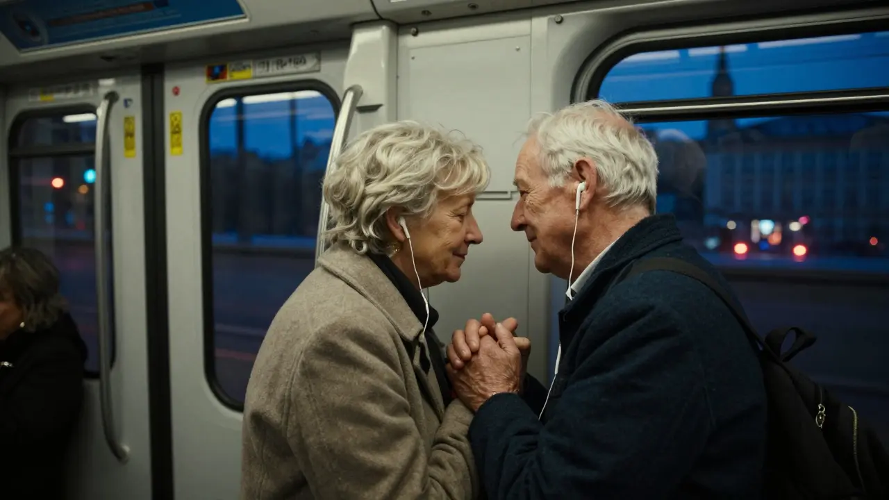 An elderly couple holds hands on a Paris metro train, sharing earbuds as lights blur past.