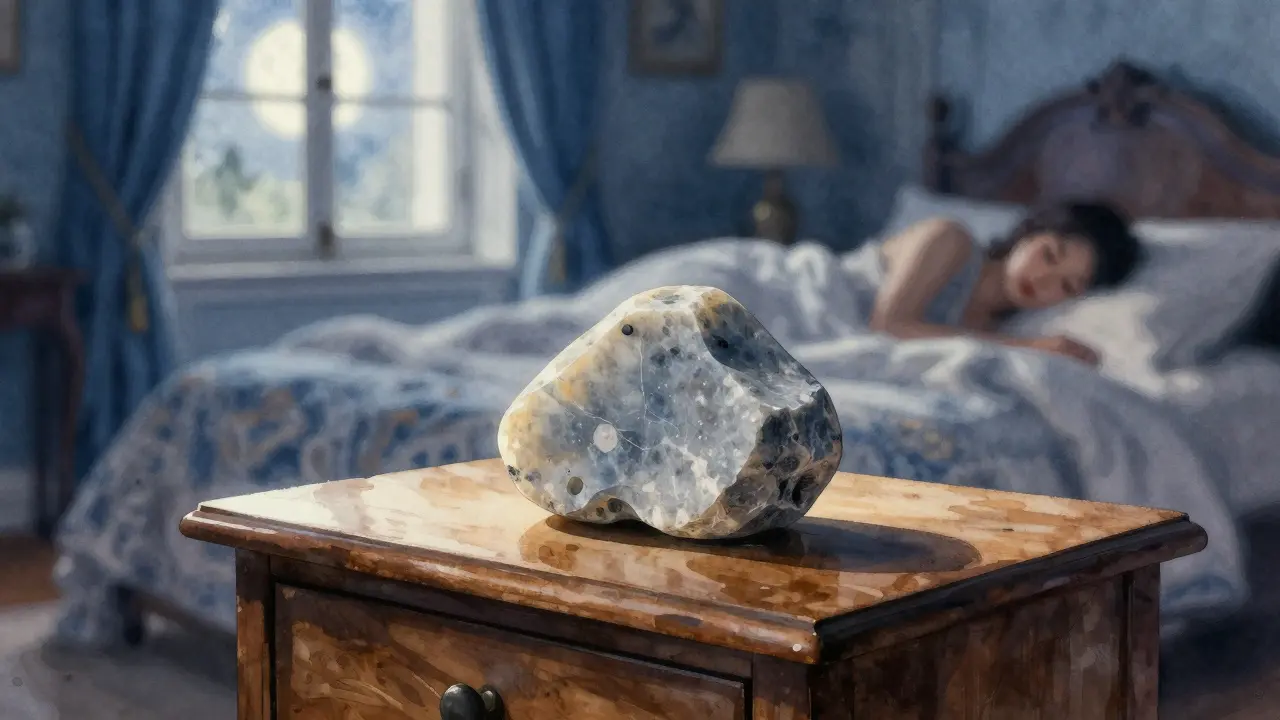 Basalt stone on nightstand in moonlit French bedroom