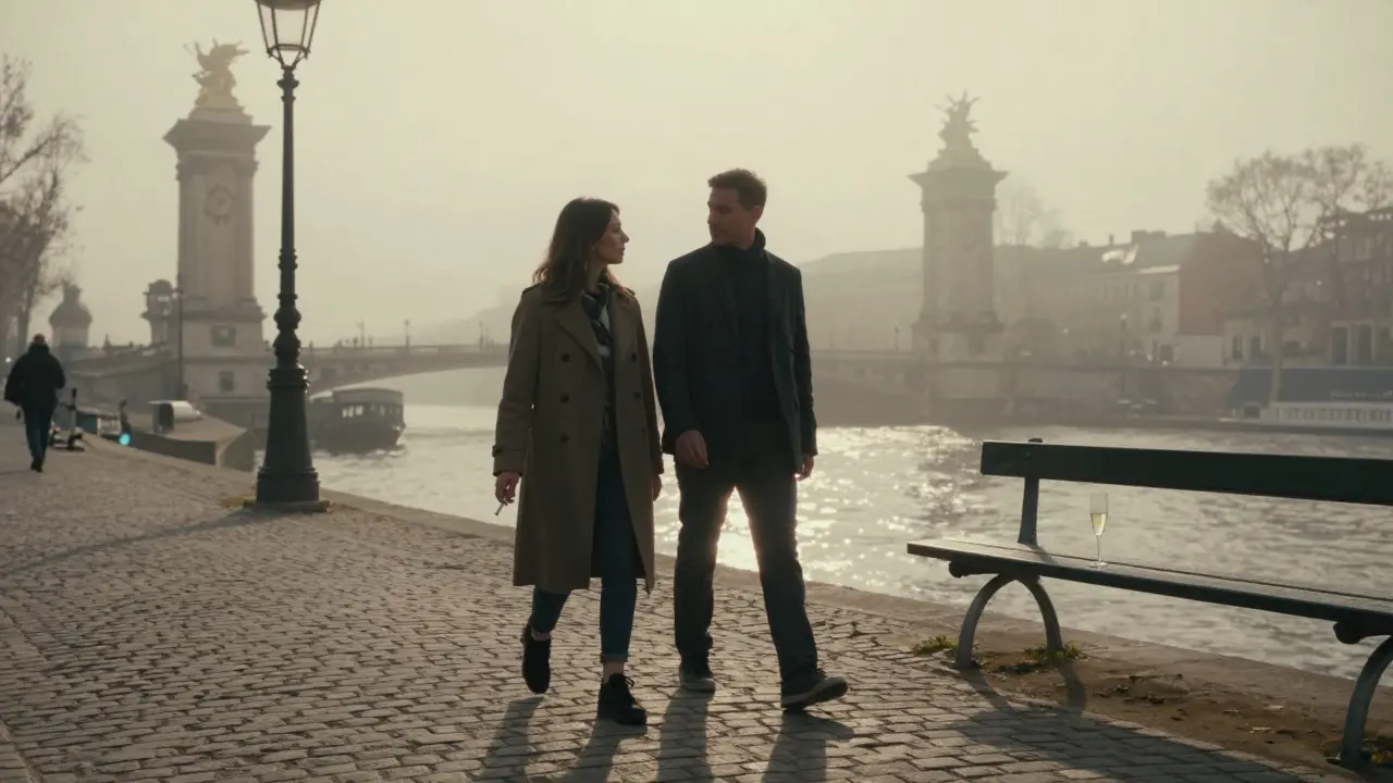 Couples walking at dawn along the Seine, shadows stretching, champagne untouched on a bench, quiet connection in the misty city light.