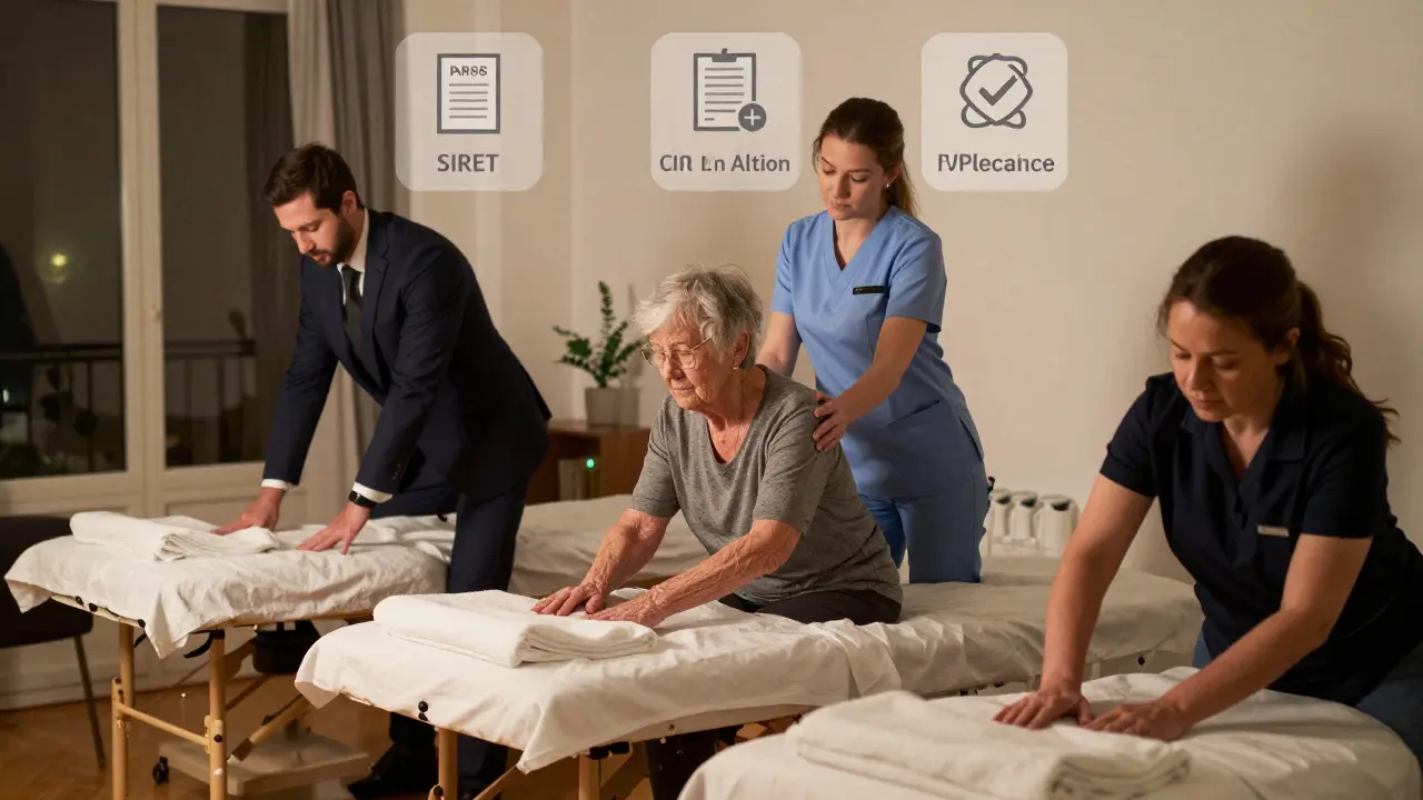 Three different clients receiving personalized in-home massages in Paris, each with certified therapists and professional setup.