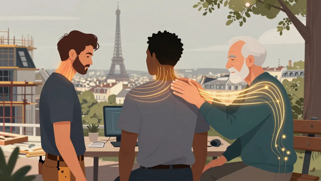 Three Parisian men with visual tension lines being released by a therapeutic hand, city skyline in background.