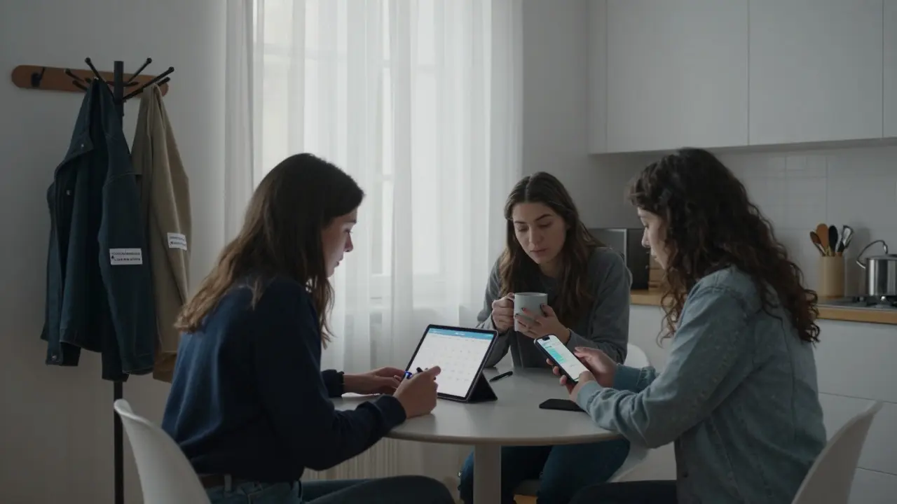 Three women reviewing schedules in a modest Paris apartment, one using an encrypted messaging app, others with coats tagged for client locations.