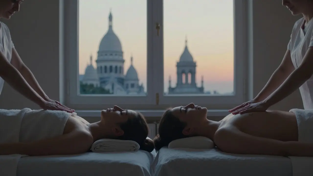 Two clients receive simultaneous massages in soft morning and evening light, symbolizing rest and renewal.