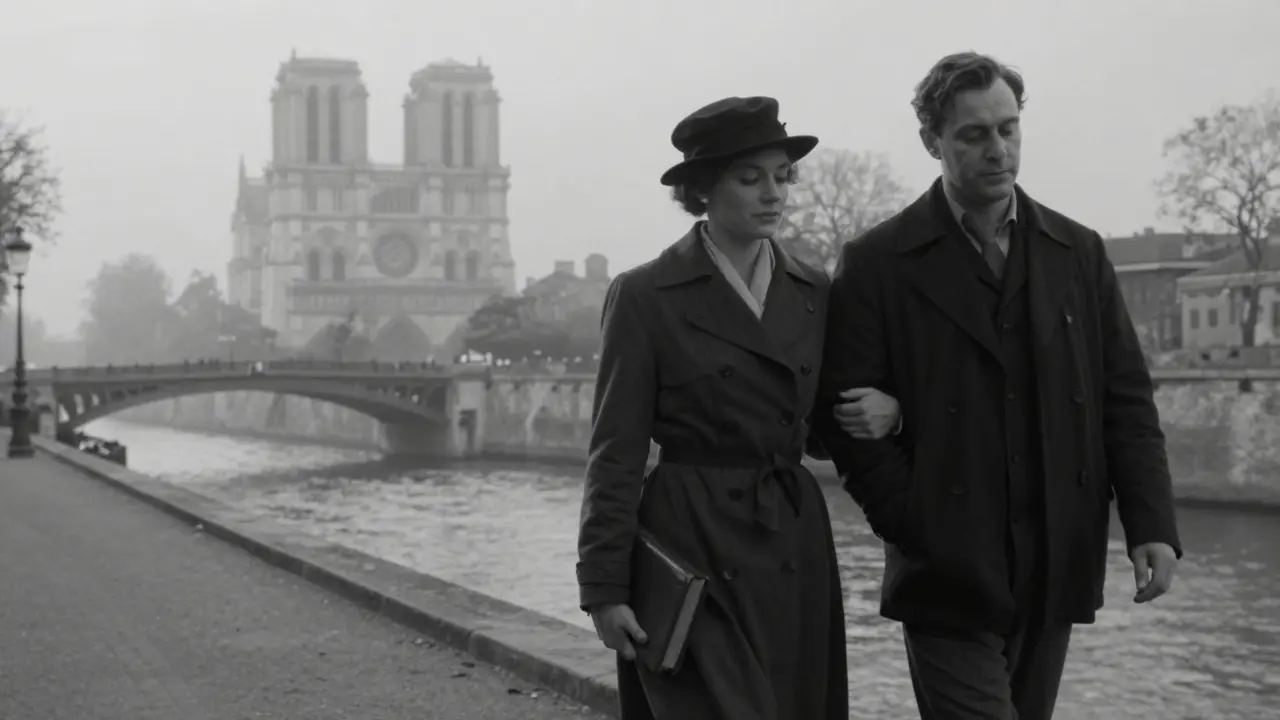 Two figures walk side by side along the Seine at dawn, their presence suggested through mist and silhouette, books in hand.