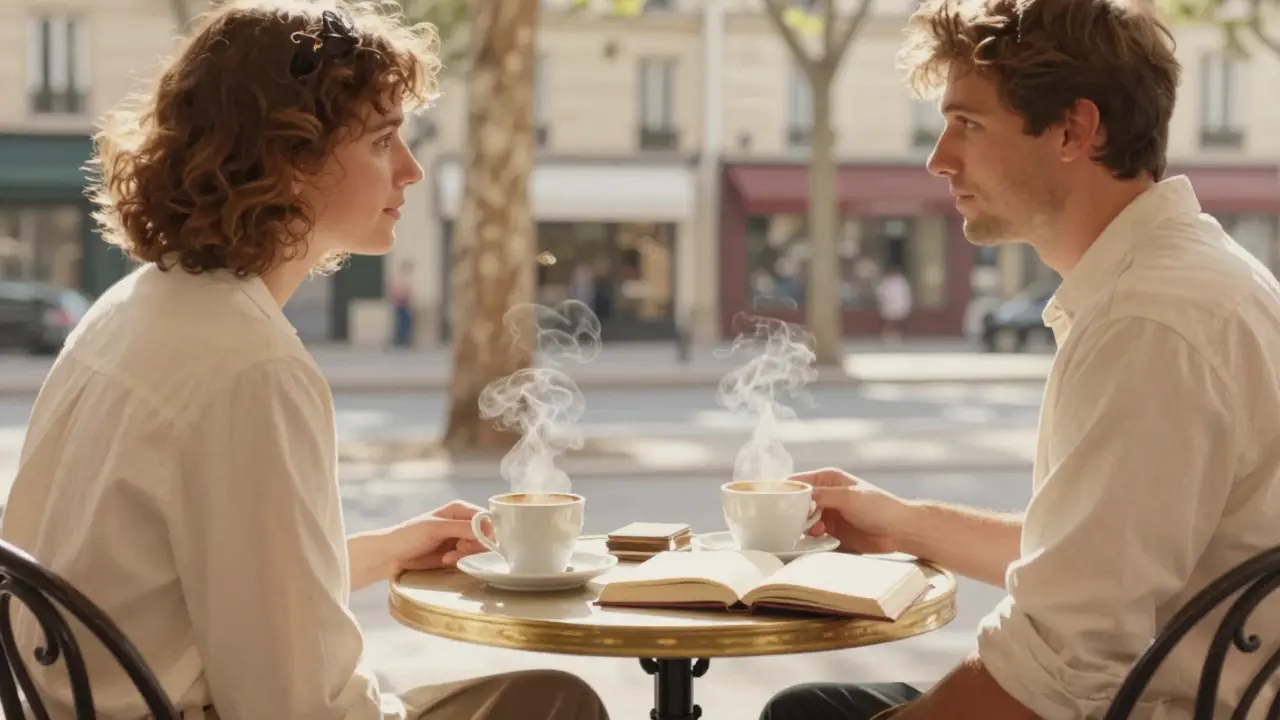 Two people enjoying coffee at Café de Flore in Saint-Germain.