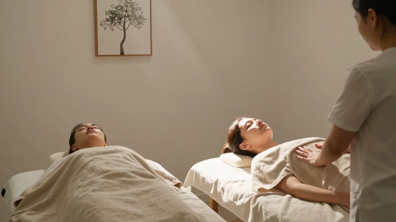 Two people receiving side-by-side massages in a minimalist space, bathed in soft afternoon light.