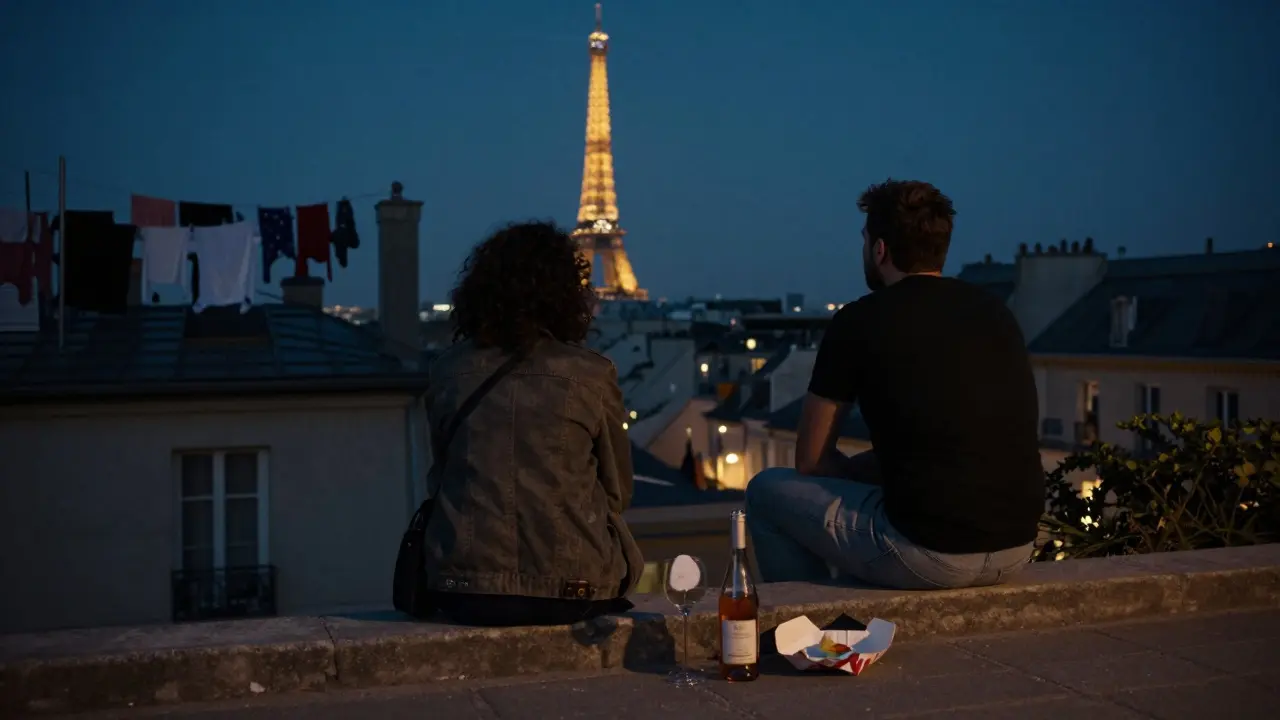 Two people sitting on steps overlooking the Eiffel Tower at night in a quiet neighborhood.