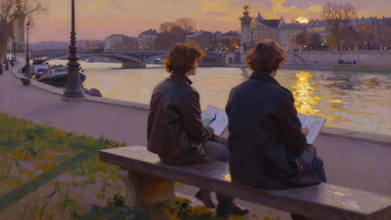 Two people sitting silently on a bench at sunset near Pont Alexandre III, sketchbook and Seine reflections around them.