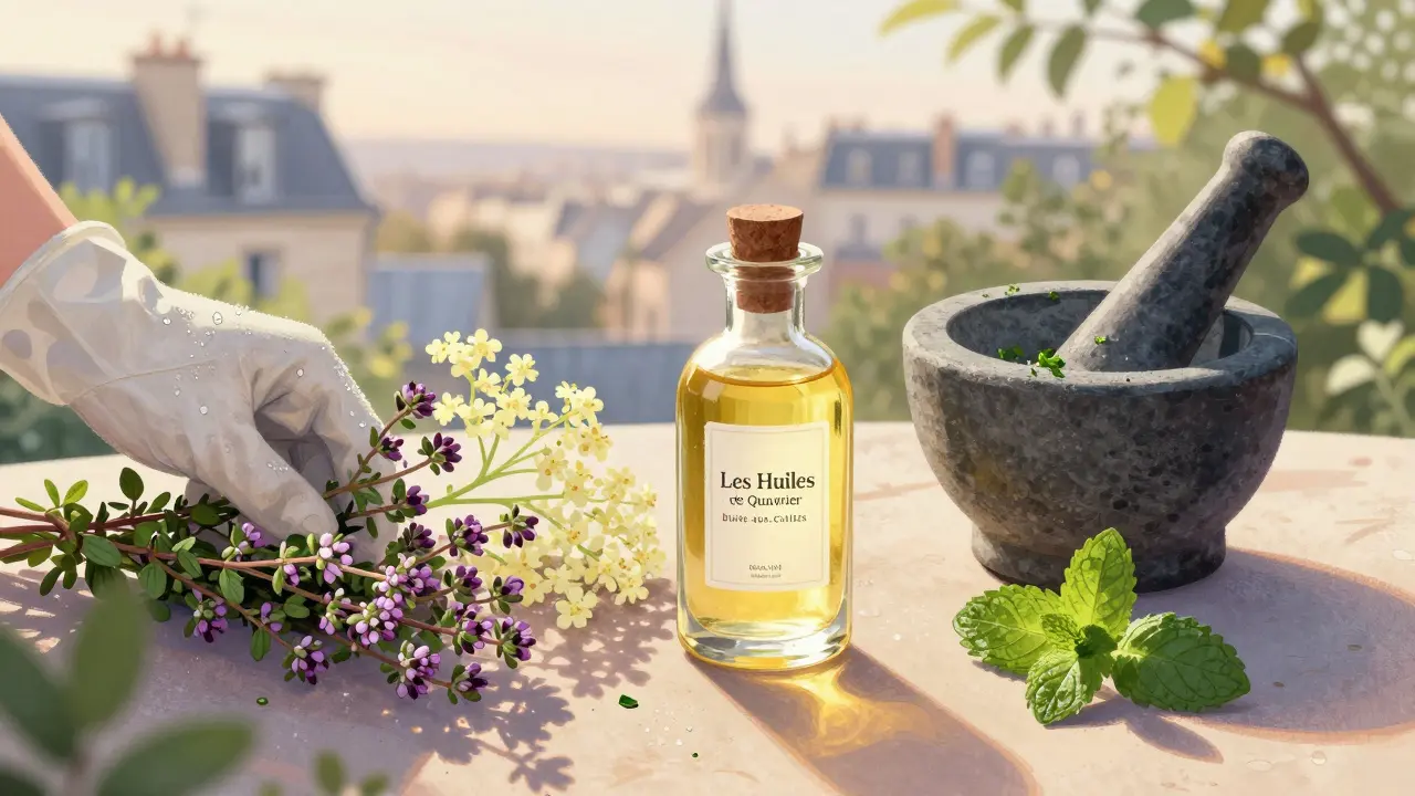 Wild herbs being harvested at dawn for local aromatherapy oils in Paris 15.