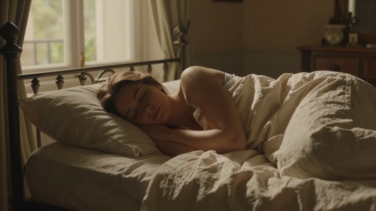 Woman sleeping peacefully in a French bedroom with morning light