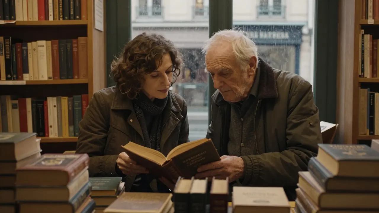A bookseller and a customer sharing a rare book in a cozy Parisian bookstore.