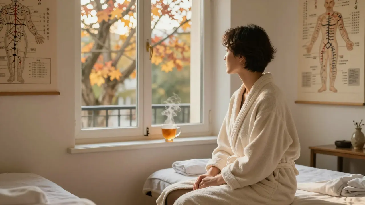 A client sitting peacefully in a quiet clinic after a session, wrapped in a robe, gazing out a window at autumn trees.