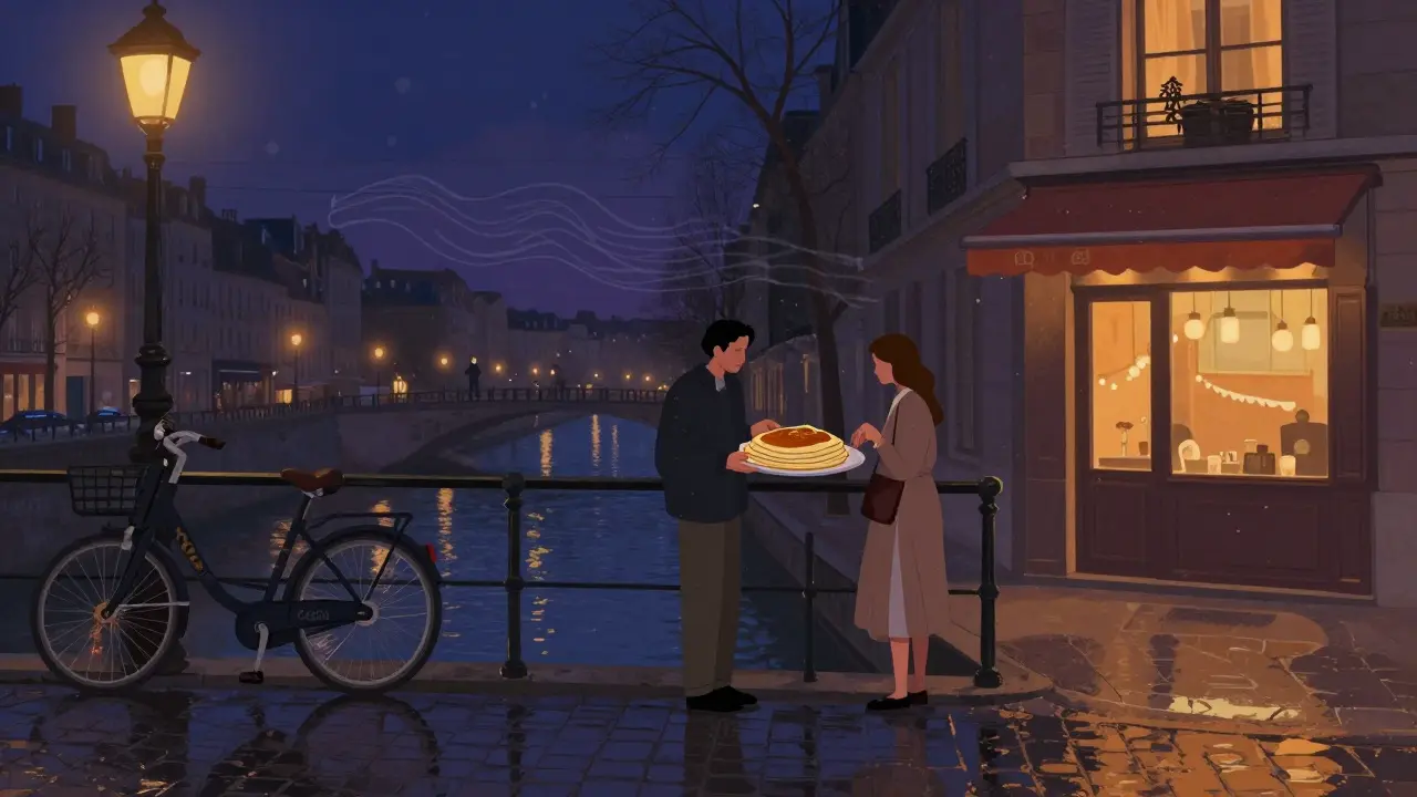 A couple enjoys a warm crêpe on a bridge over Canal Saint-Martin at night, bikes nearby, city lights glowing softly in the rain.