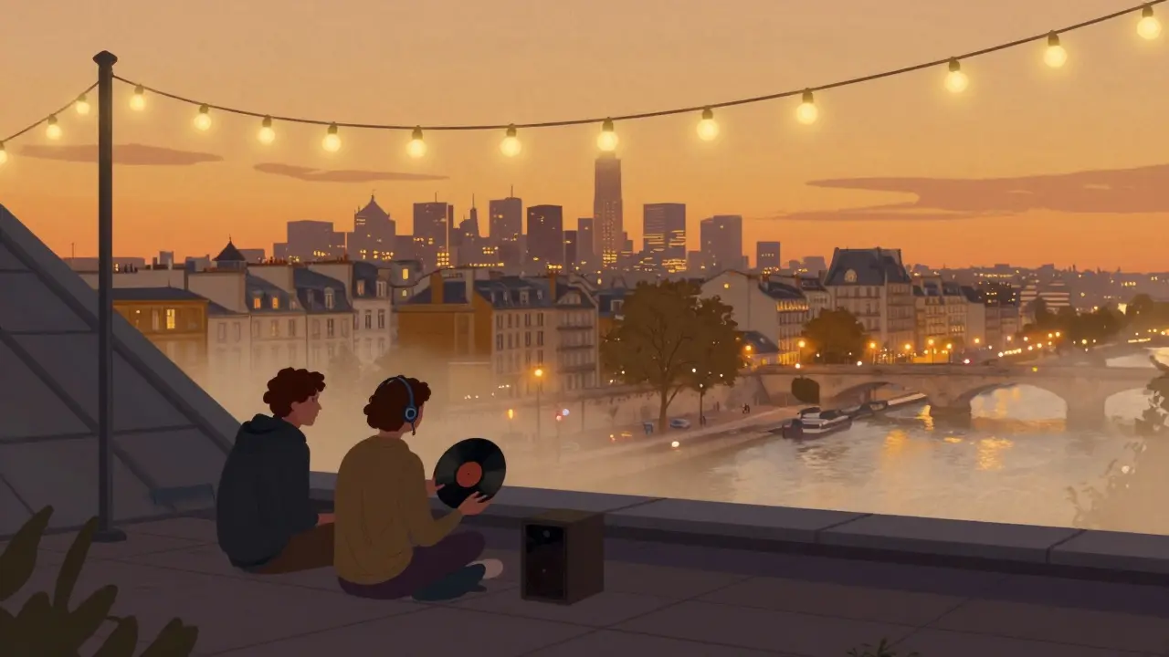 A couple on a Paris rooftop at dusk, listening to jazz as the city glows behind them.