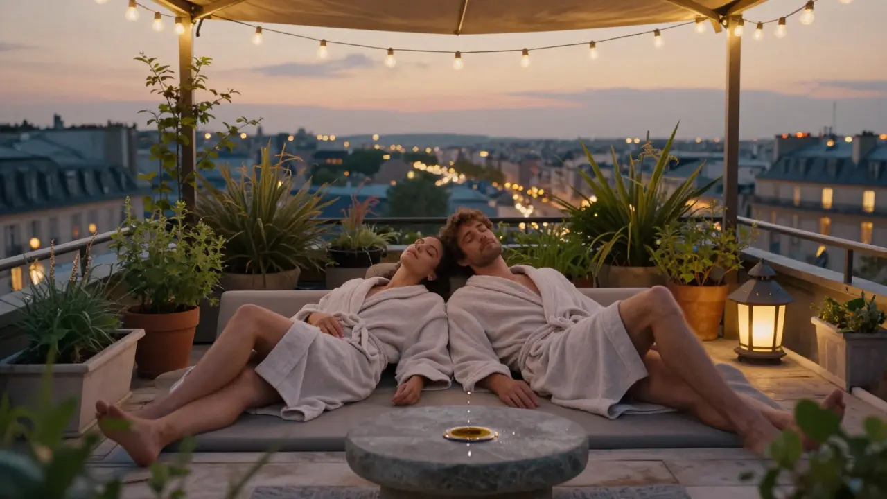 A couple relaxing on a rooftop spa terrace at dusk, surrounded by herbs and soft lights, city glowing behind them.