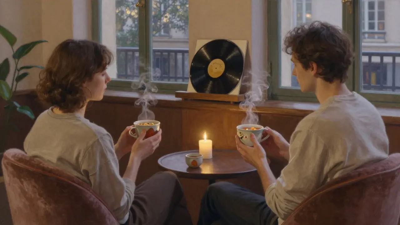 A couple sipping herbal tea in dim evening light, holding hand-thrown mugs, surrounded by stillness and vintage vinyl in a Paris lounge.
