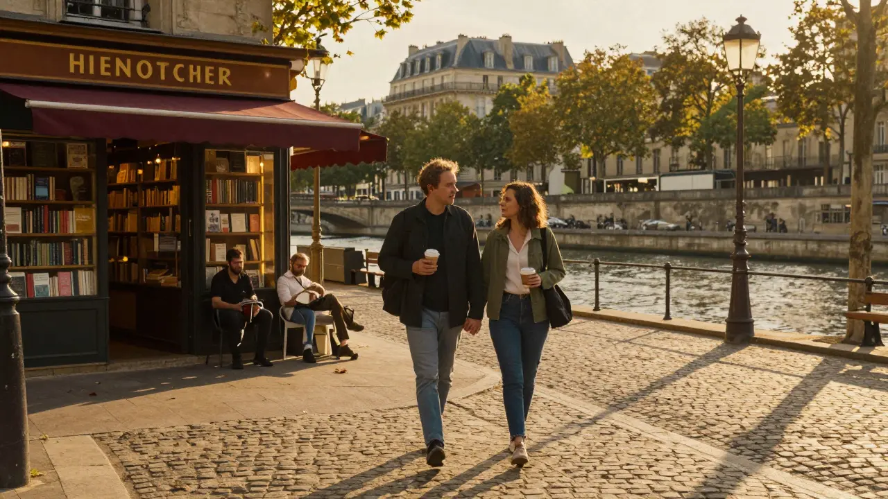 A couple strolling along the Canal Saint-Martin at sunset, hand in hand, embodying a connection forged in real life.