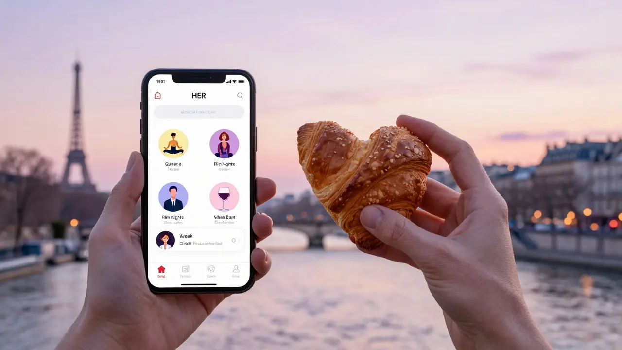 A croissant beside a smartphone showing Paris queer events, blending into a dreamy skyline.