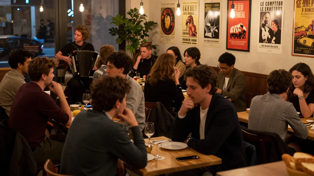 A lively speed dating event at a Parisian cultural venue with diverse attendees, warm lighting, and live music in the background.