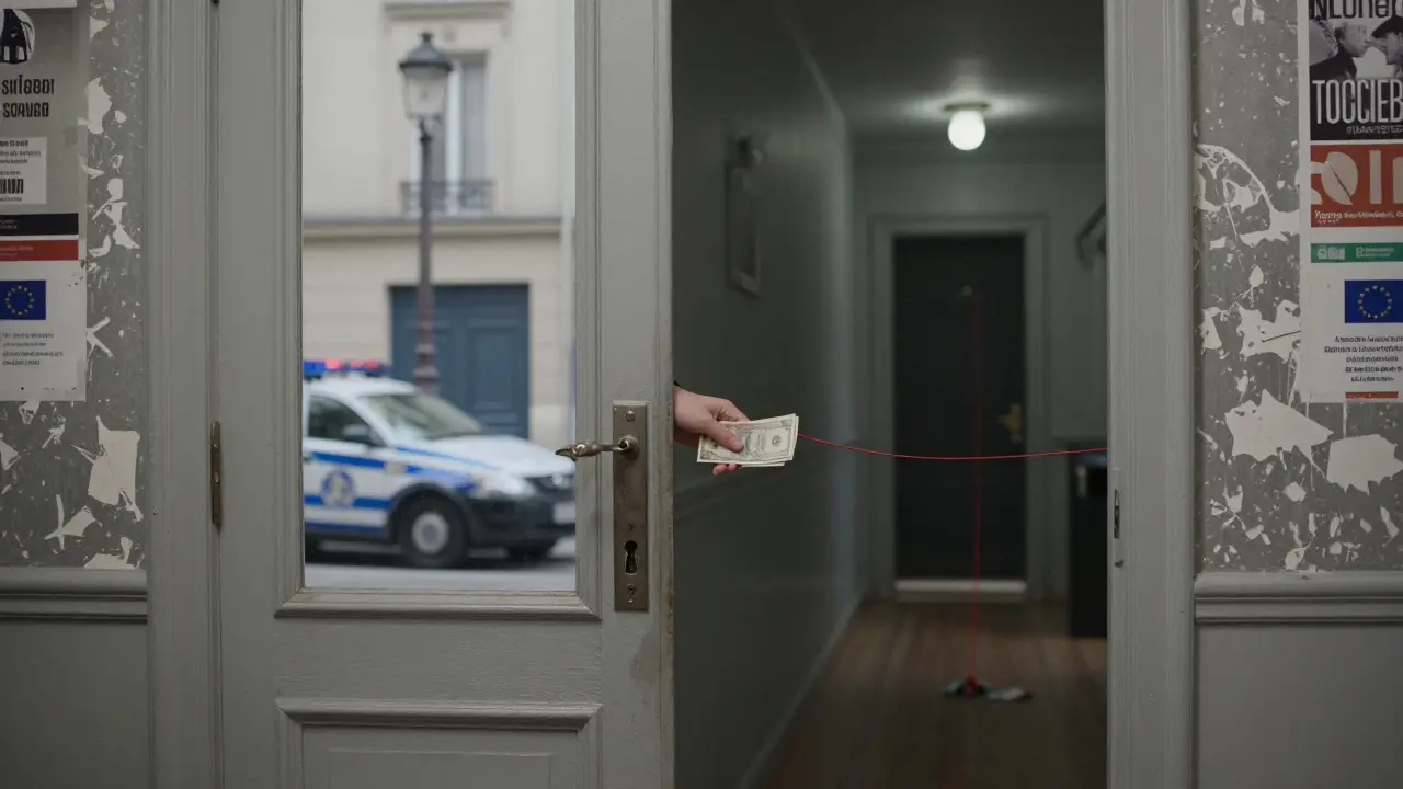 A locked apartment door reveals a hand passing cash through the keyhole, while a police car passes outside.