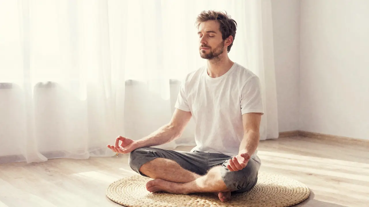 A man meditating alone, hand resting lightly on his lap, a single drop of oil on his fingertip, bathed in soft morning light.