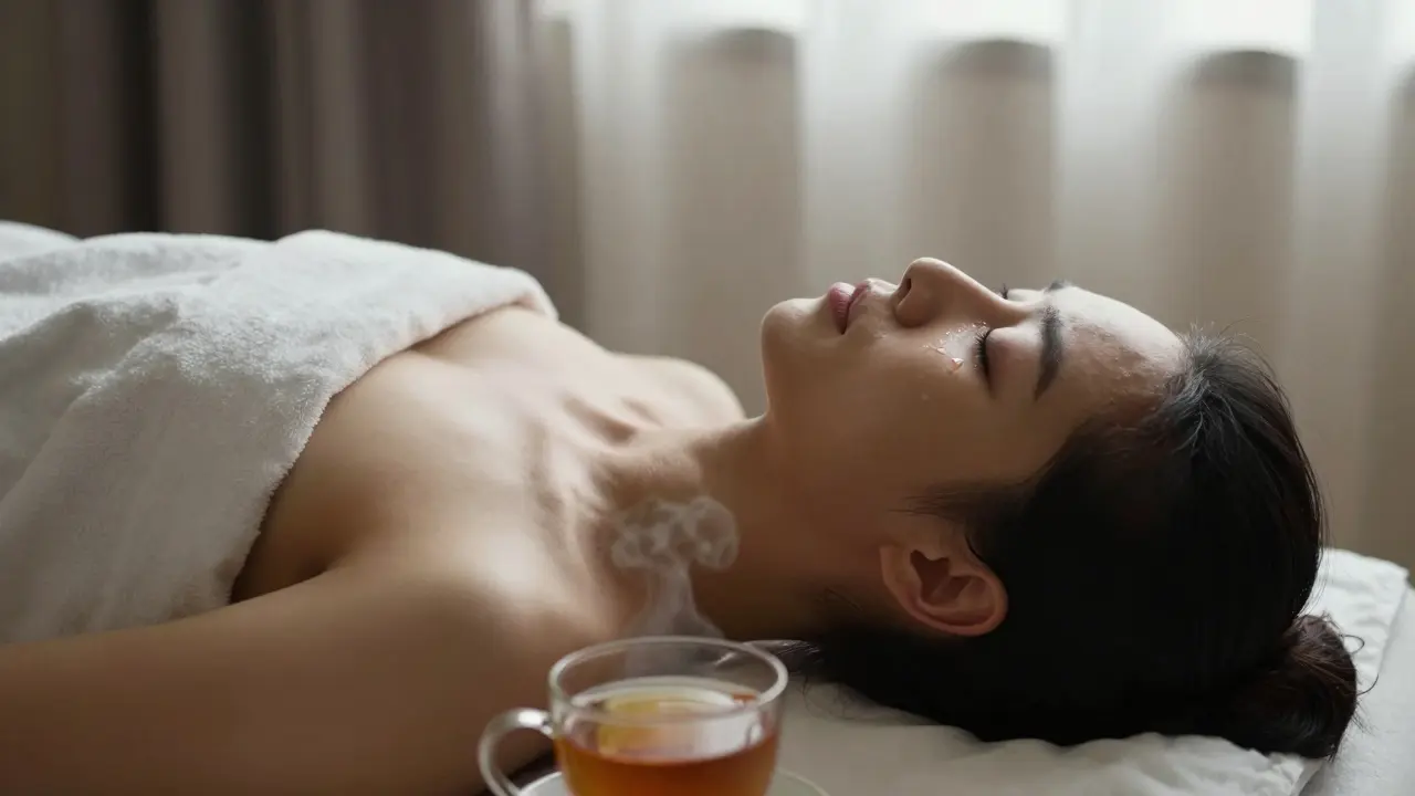 A person on a massage table with tears of release, shoulders relaxed, steam rising from herbal tea nearby.