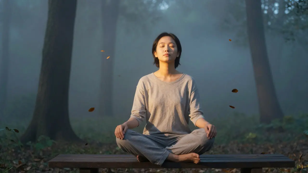 A person sitting peacefully in a misty forest at dawn, glowing softly with inner calm, symbolizing renewed energy after a tantric session.