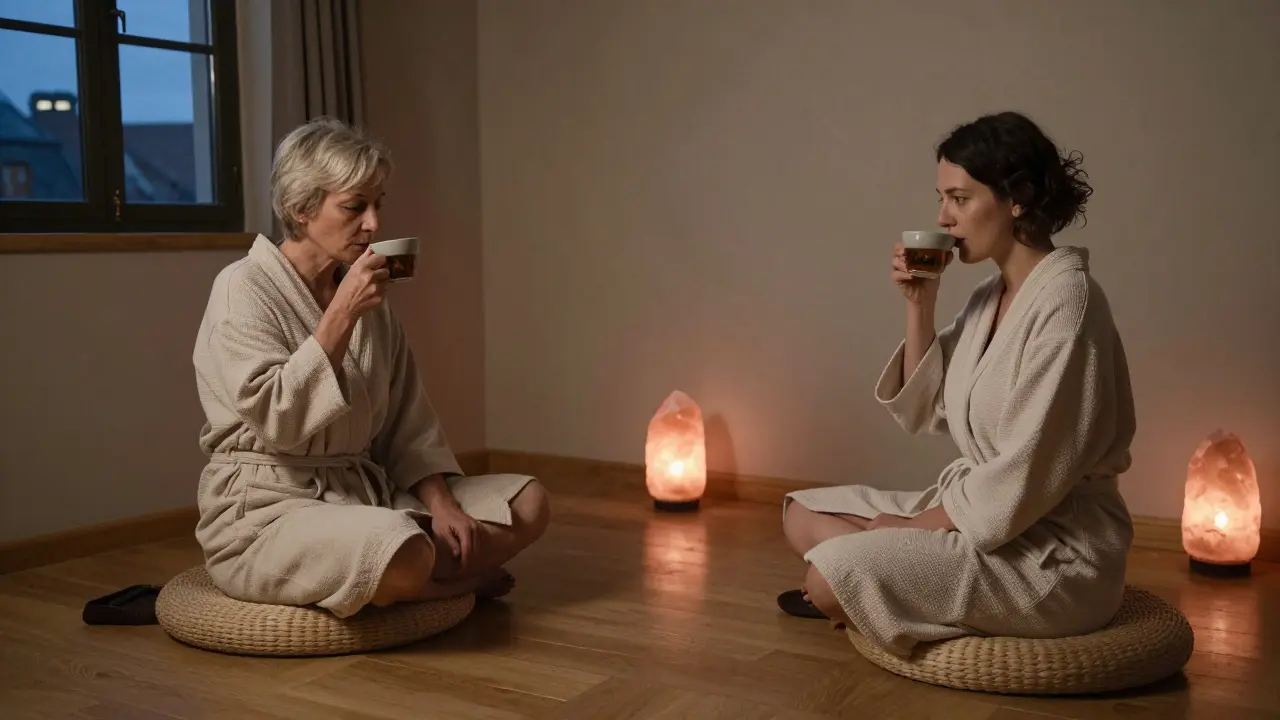A quiet lounge with salt lamps, two people sipping tea after a massage, lost in peaceful silence.