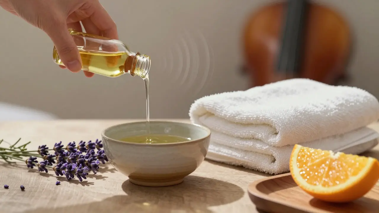 A sensory still life of massage elements: oil, lavender, towels, tea, and soft light, evoking calm and ritual.