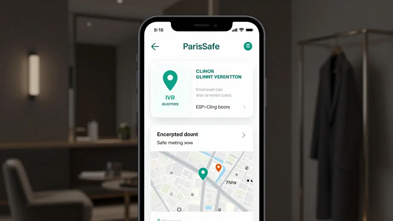 A smartphone displaying the ParisSafe app with secure booking features in a hotel lobby.