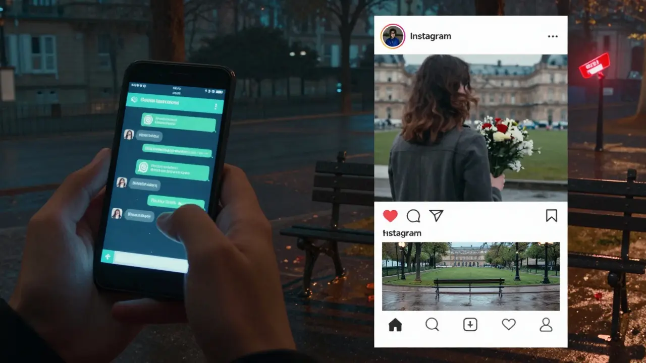 A smartphone screen showing WhatsApp messages and Instagram posts with subtle surveillance icon.