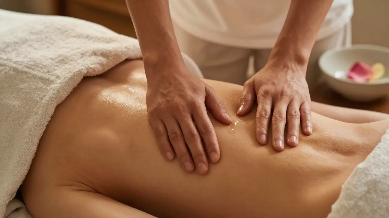 A therapist’s hands performing synchronized massage strokes on a couple, oil glistening, warm lamplight, no faces, only touch and calm.