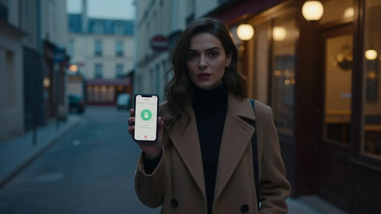 A woman in Paris using a safety app with live location tracking and countdown timer in a quiet alley.