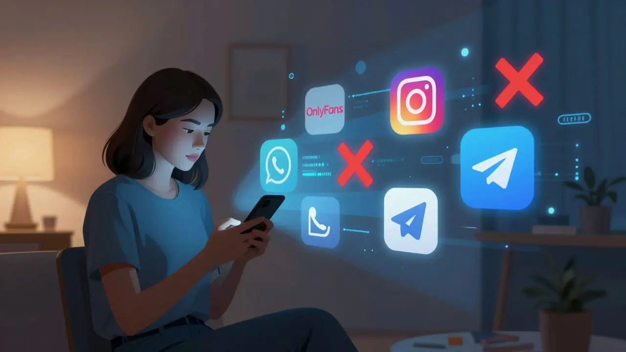 A woman uses her phone in a Paris apartment as digital platforms display shutdown symbols around her.