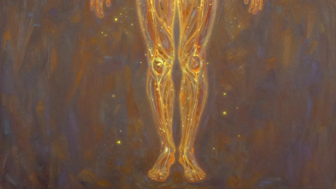Abstract glowing energy pathways flowing from feet to head, rendered as luminous amber rivers beneath the skin in an impressionist style.