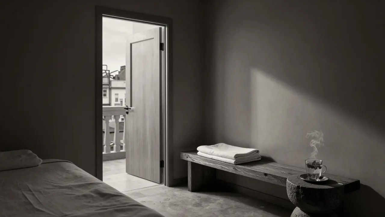 An empty, minimalist massage room with a folded tunic and steaming mint tea, evoking quiet solitude.