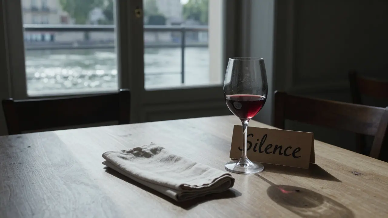An empty, sunlit room after a speed dating event, with a folded napkin and half-finished glass of wine.