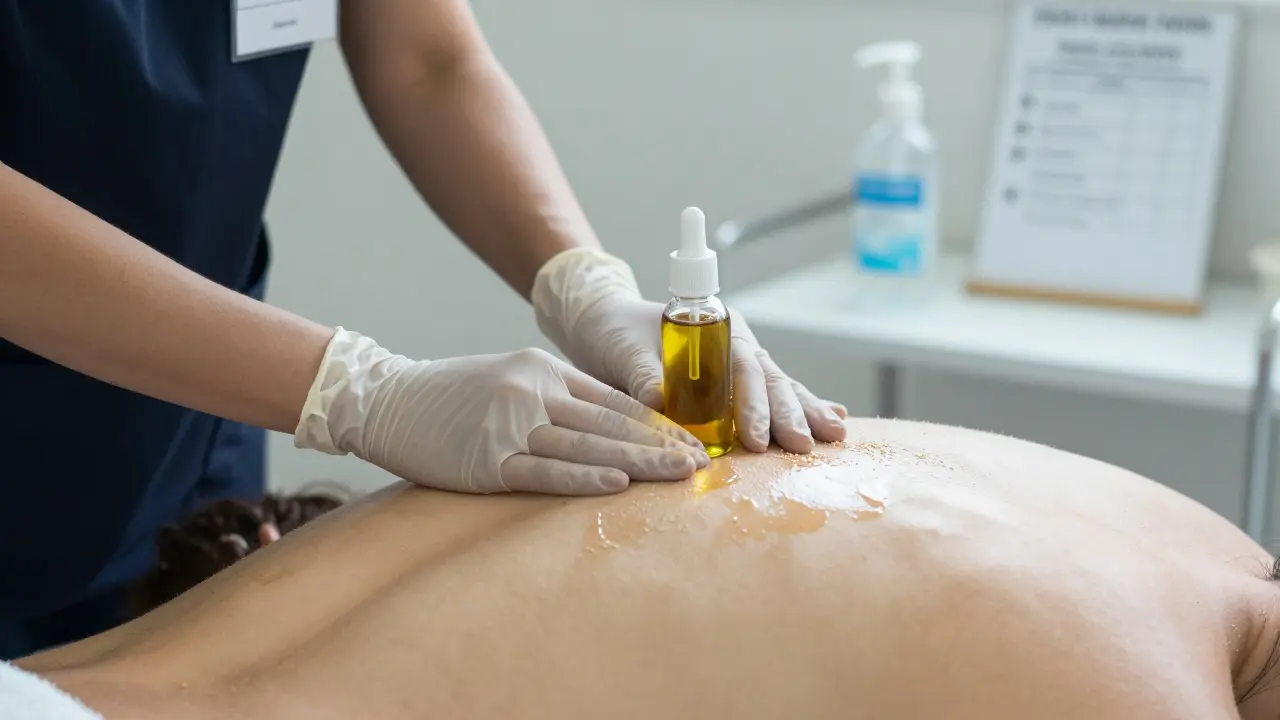 Close-up of a therapist's hands using traditional French massage oil on a client's back, with hygiene supplies visible.