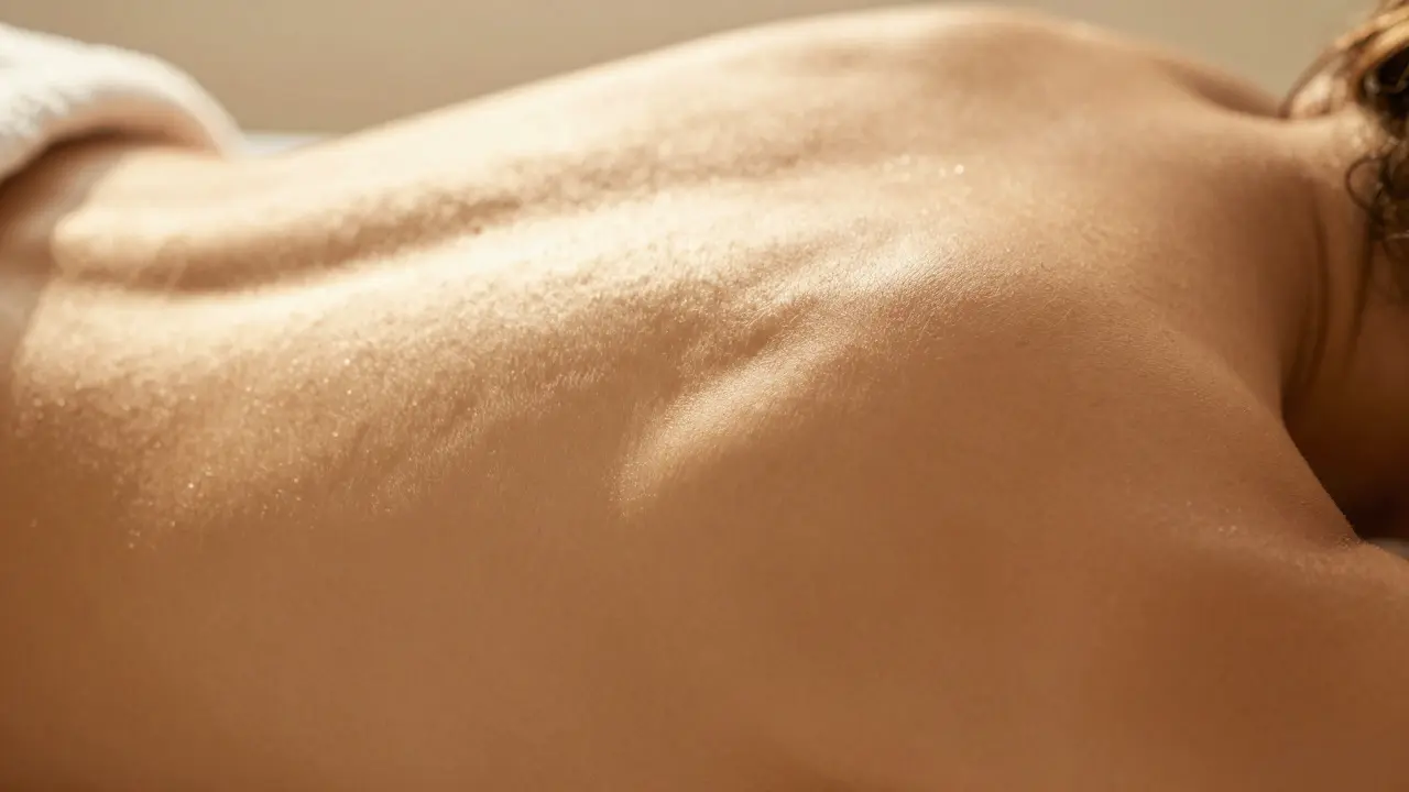 Close-up of relaxed shoulder in warm golden sunlight.