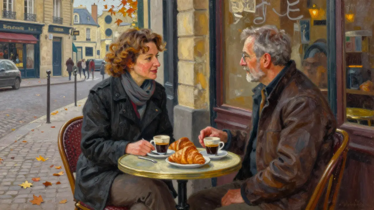Couple enjoying coffee at an outdoor cafe table in Le Marais neighborhood