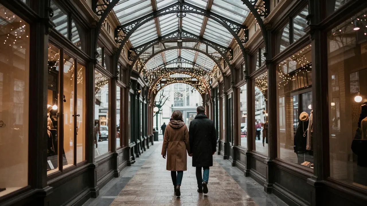 Couple strolling through historic glass-roofed arcade in winter Paris