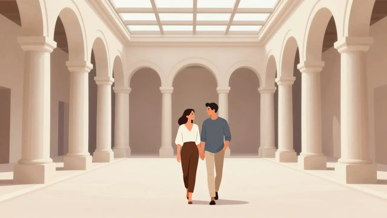 Elegant couple walking arm-in-arm through a grand museum courtyard