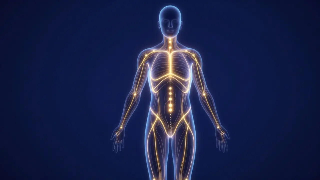 Glowing energy pathways over a translucent human silhouette.