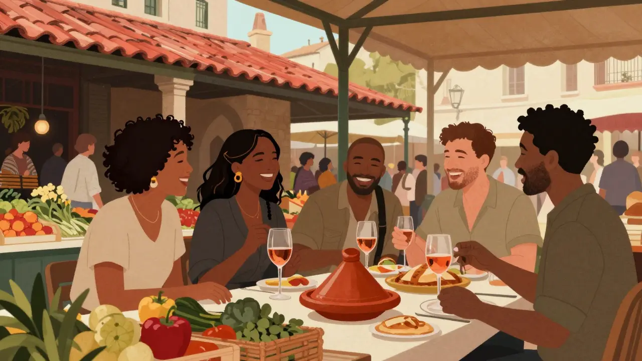 LGBTQ+ friends sharing food and laughter at the Marché des Enfants Rouges market.