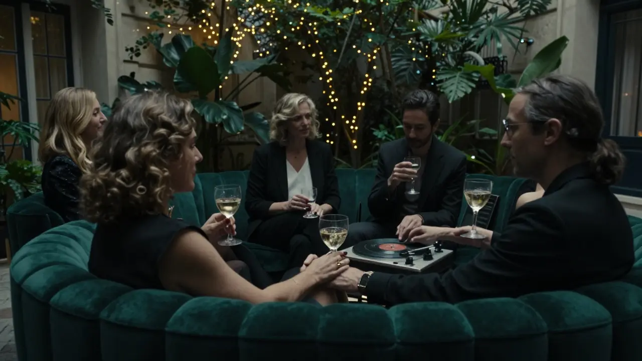 Mid-40s couples conversing in a hidden Parisian courtyard under string lights, relaxed and connected in refined attire.