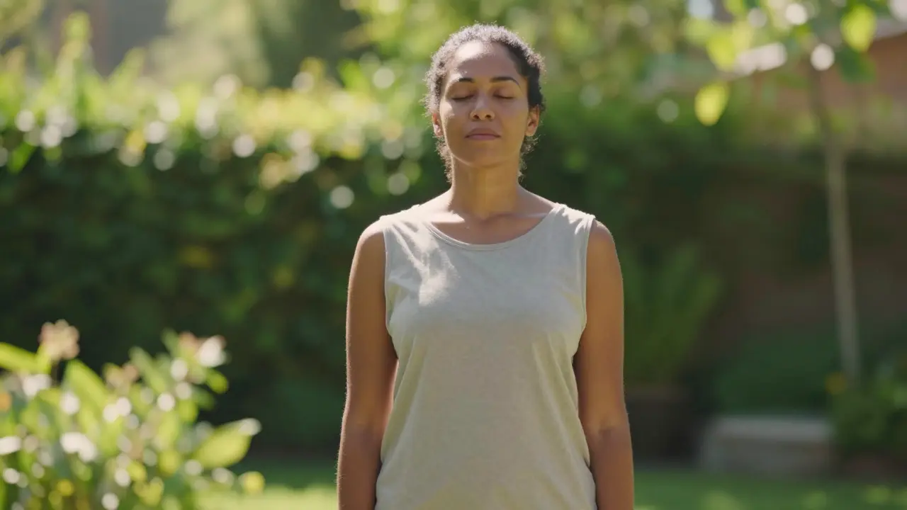 Person standing tall with relaxed posture in a sunny garden.