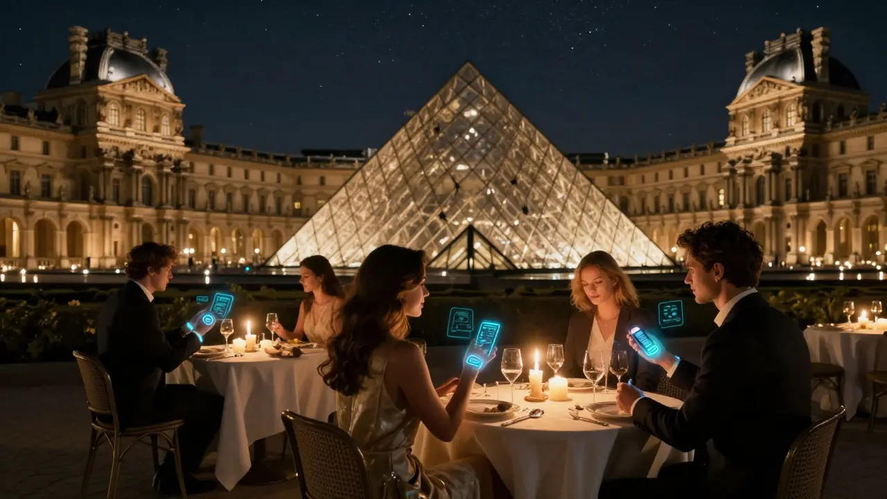 Romantic dinner at Louvre with subtle futuristic wearable tech.