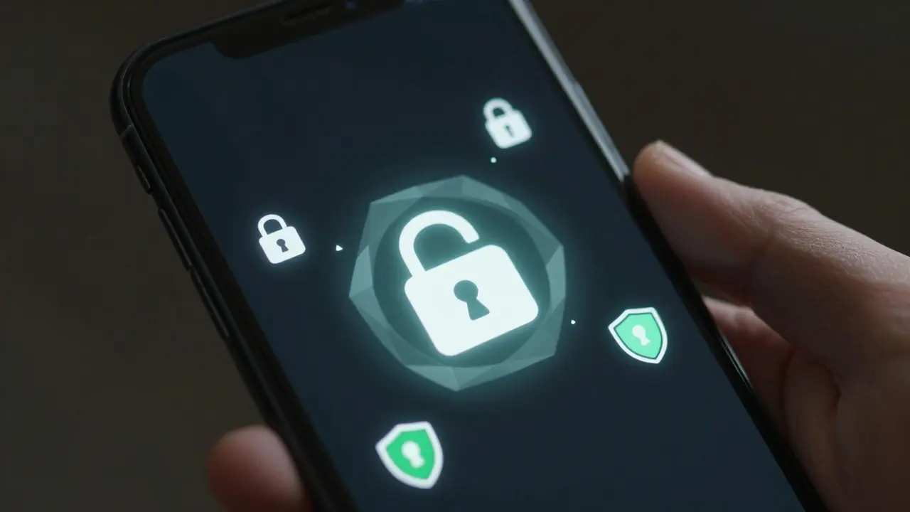 Smartphone displaying cybersecurity lock icons on screen.